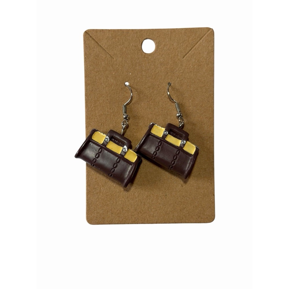 Brown‎ Briefcase Dangle Earrings Novelty Professional Satchel Jewelry Tool Bag